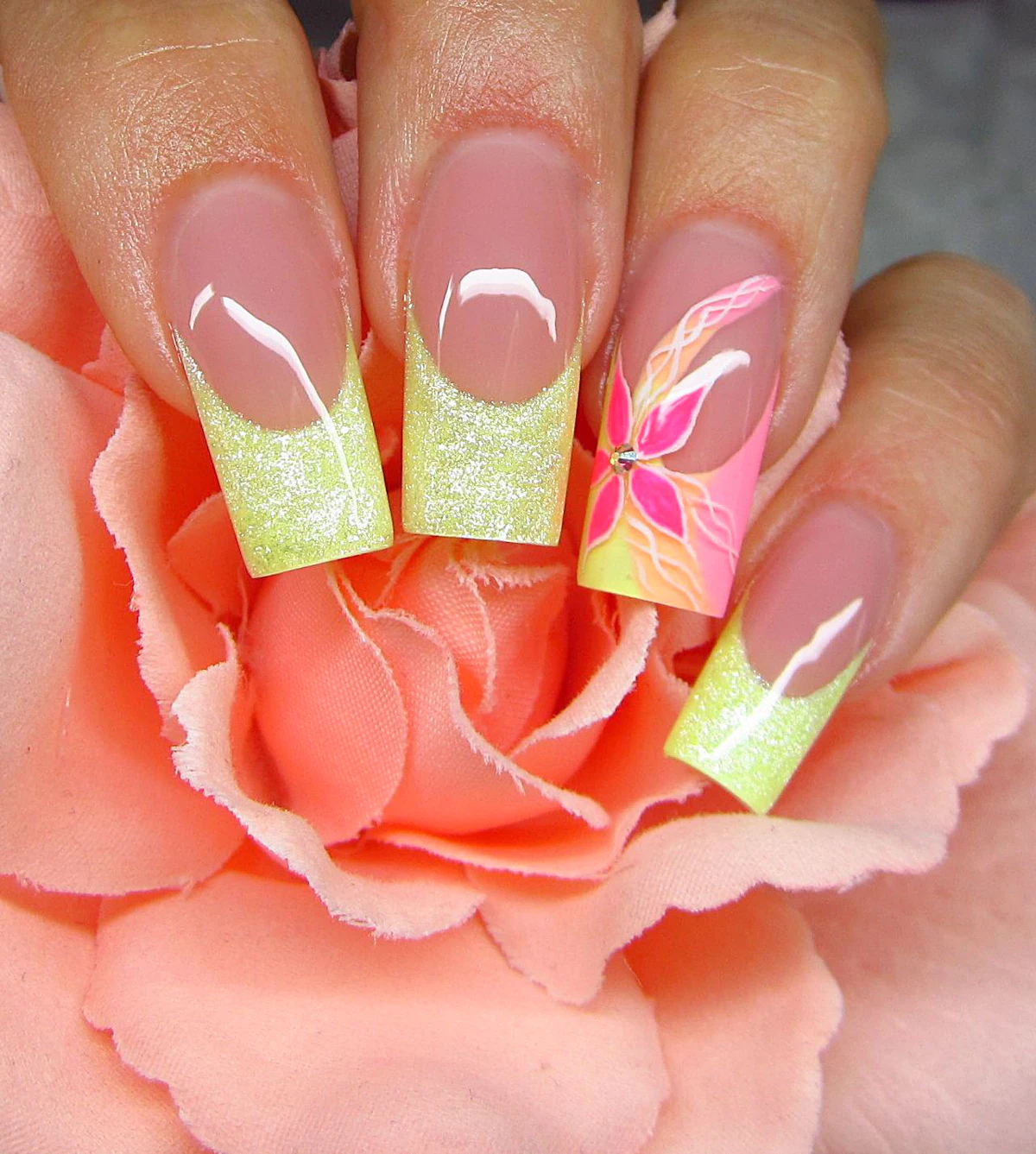 yellow pink nail designs