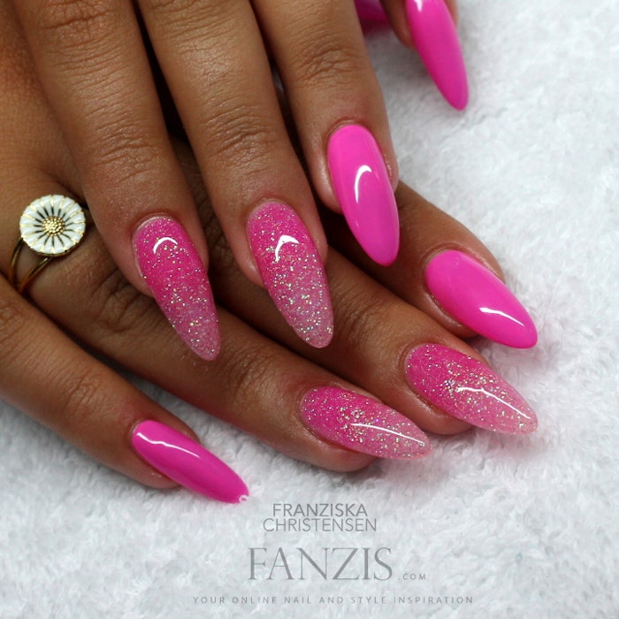 pink acrylic nails with glitter