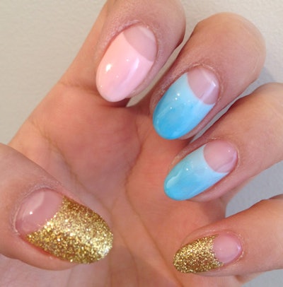 light pink nails with gold glitter