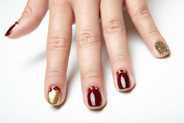 dark red and gold nail art - SoNailicious