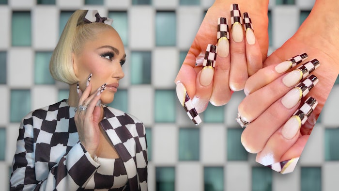 Manicurist Eri Ishizu created Gwen Stefani's checkerboard manicure for the season premiere of The Voice, using products from Paris Lash Academy.