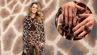 Blake Lively brings the glam again to the Michael Kors show with her “Mob Wife” giraffe print manicure courtesy of manicurist Elle Gerstein using gel products from the 10-free pro nail care brand PLA.